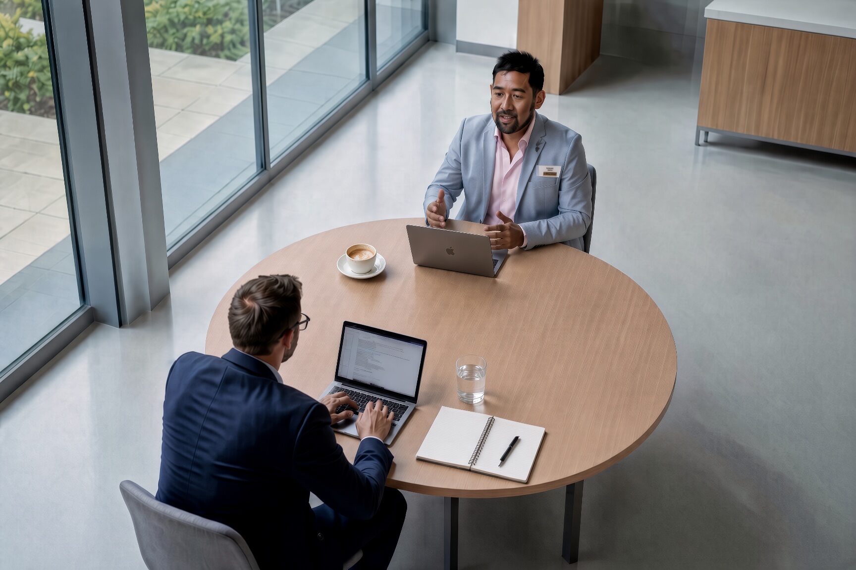 Two colleagues talking over laptops at a meeting table in a bright office