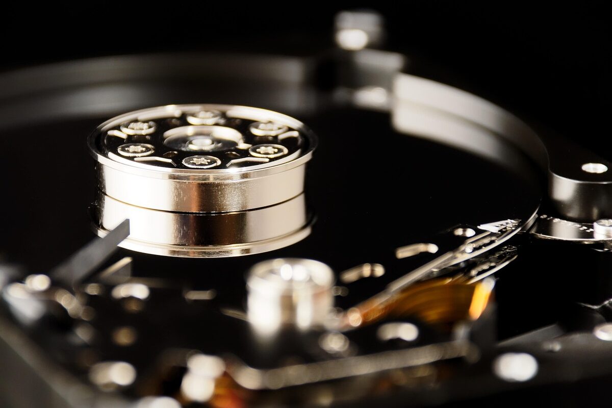 Close-up of the platters inside an open hard drive