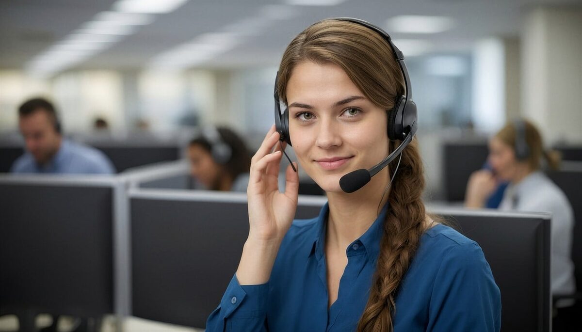 Support technician wearing a headset in an open-plan office