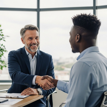 Two people shaking hands across a desk
