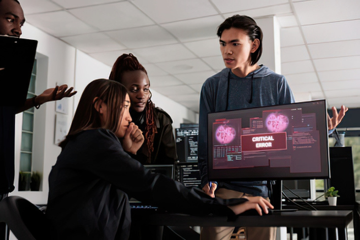 Security team watching threat monitoring screens